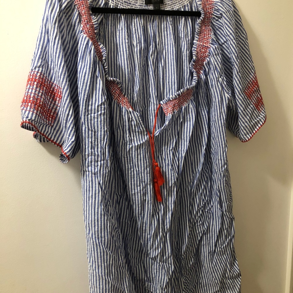 J.Crew seersucker coverup with red embroidery